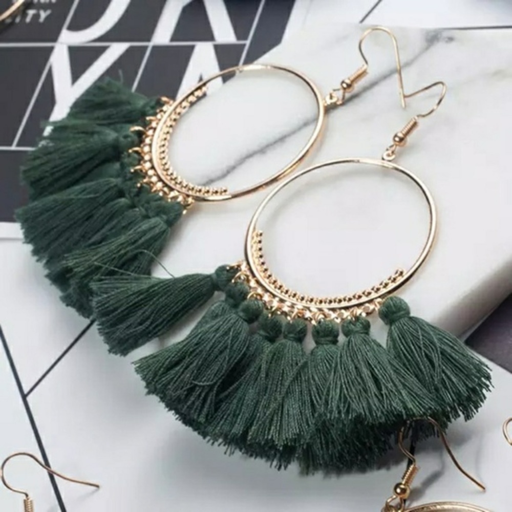 Boho Gold Tassel Hoop Earrings (green)